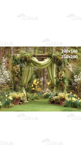 Tło fotograficzne „Leśna wiosenna altana z zielonymi zasłonami i narcyzami” | E690